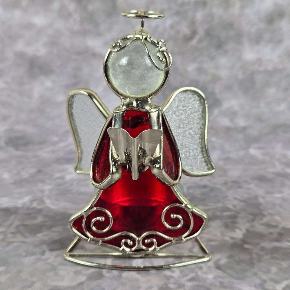 Small Angel Tealight Candle Holder Red with Clear Wings & Head Silver Trim